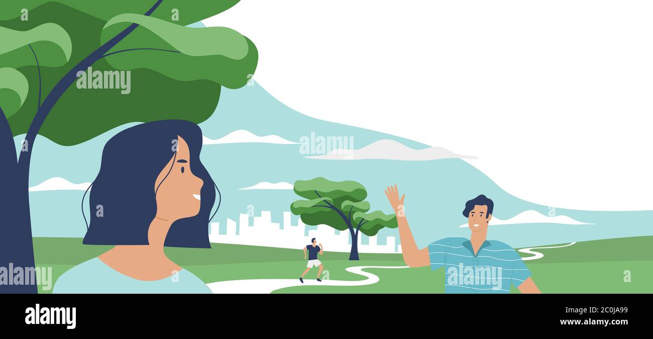 Man and woman saying hello in green public park landscape with trees, city skyline. Social meeting concept, friends hanging out. Includes copy space b Stock Vector