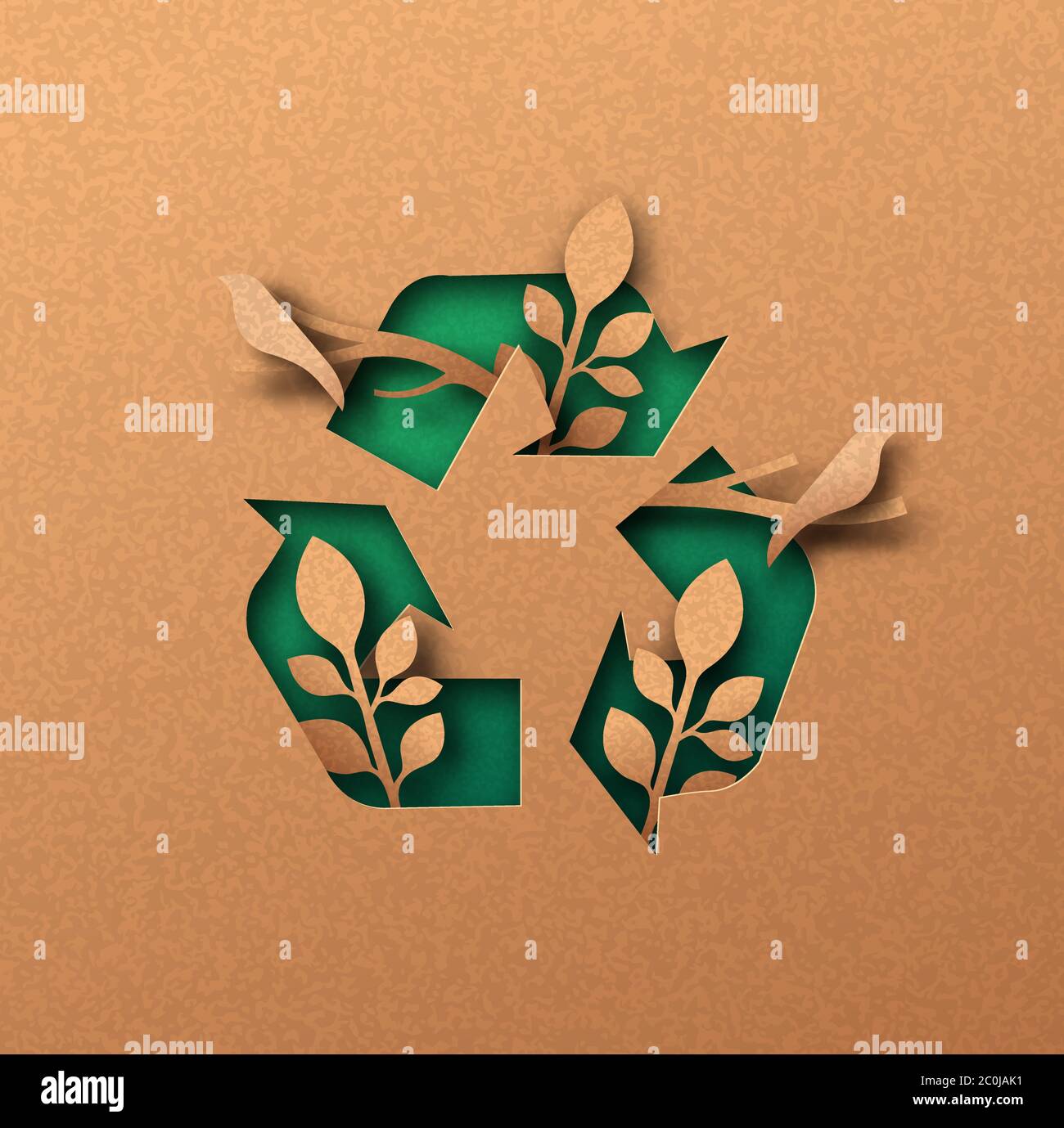 Recycle icon papercut illustration with plant leaf and bird animals. Ecofriendly recycling