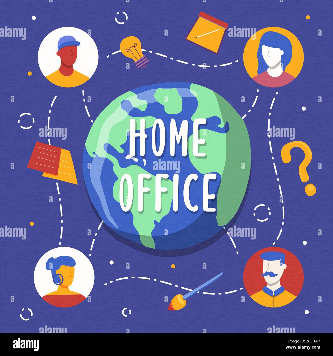 Home office illustration of global work team connected online for business meeting, creative brainstorm or job communication concept. Stock Vector