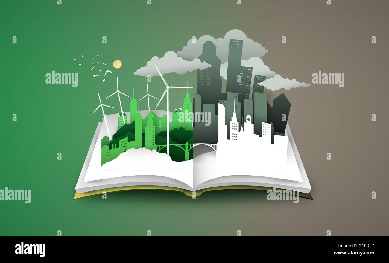 Open book of green and dirty city landscape in 3d paper cut style. Good, bad town with clean energy or pollution. Different lifestyle papercut illustr Stock Vector