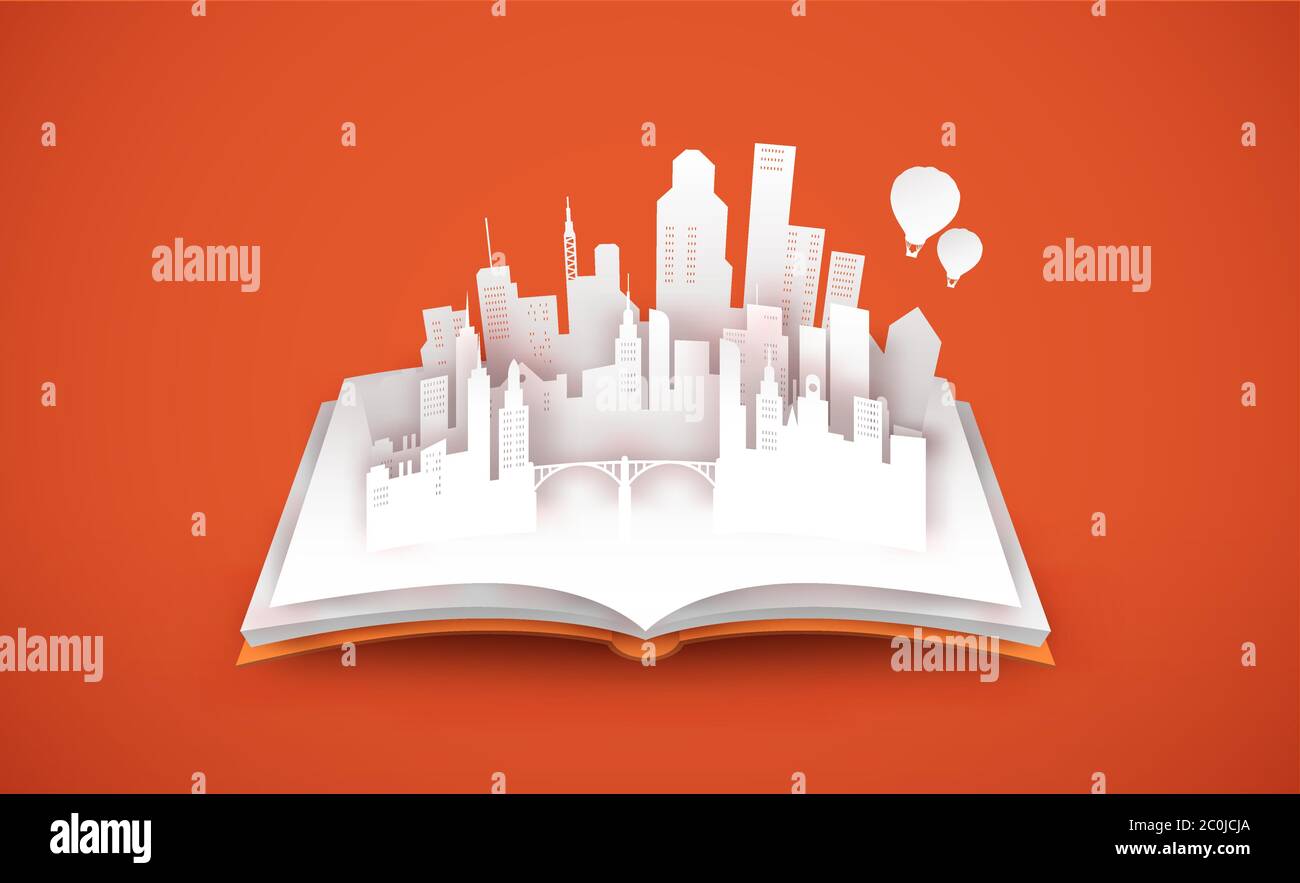 Open book with modern city skyline in 3d paper cut style. Empty white town papercut illustration for real estate business, architecture planning or ed Stock Vector