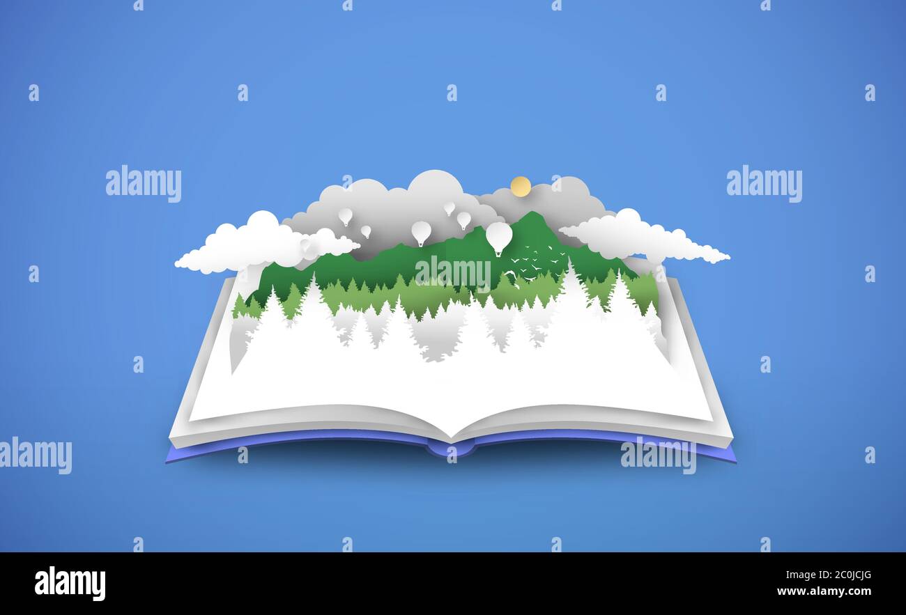 Open book of nature pine tree forest landscape in paper cut style with mountain and hot air balloon. Natural scenic view, 3d papercut illustration for Stock Vector