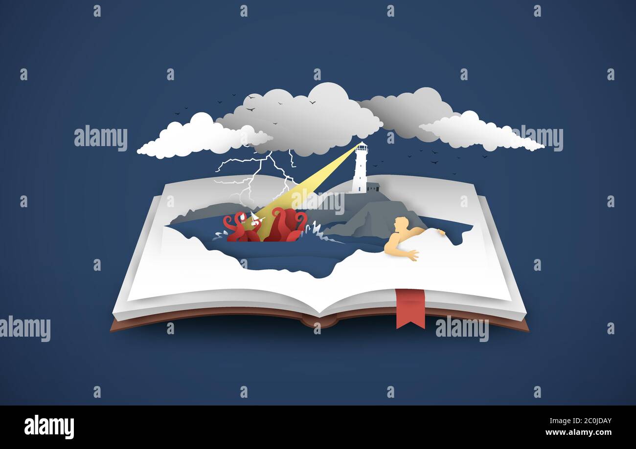 Open book of fantasy sea monster scene in paper cut style with