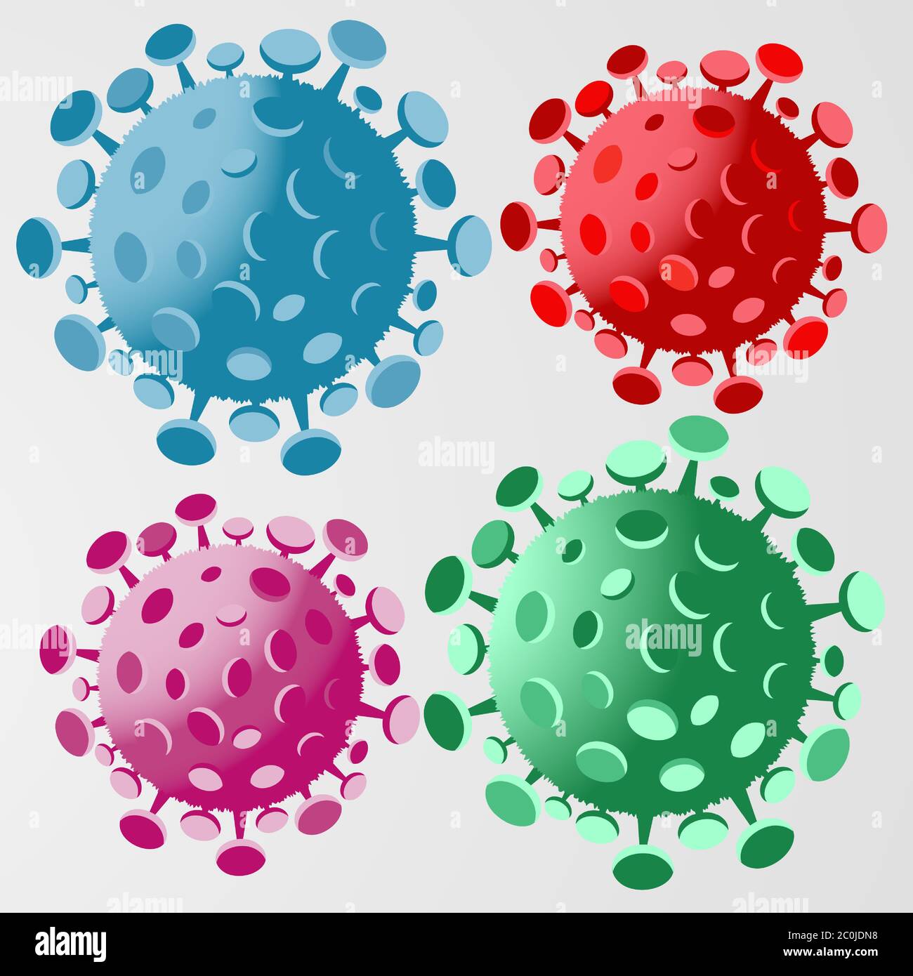 Set of four coronavirus symbols. Covid-19 virus concept vector illustration. Blue, red, purple and green abstract viral cells. Stock Vector