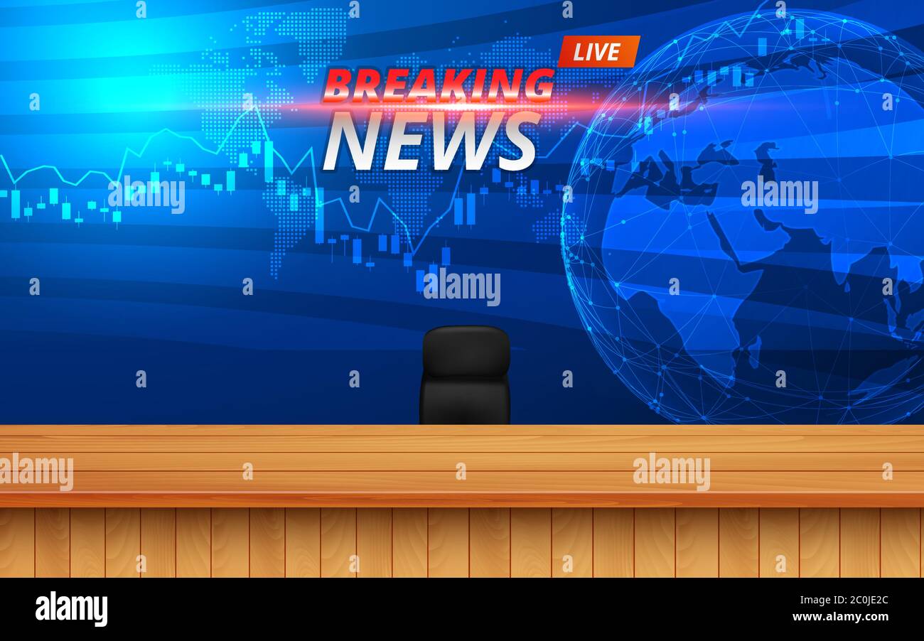 wooden table and breaking news on lcds background in the news studio