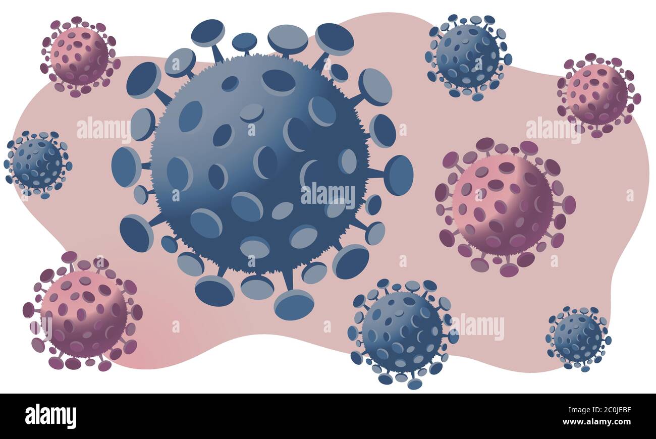 Coronavirus Covid-19 symbol background. Microscopic view of virus cells close up. Background with blue and purple viral cells. Vector illustration. Stock Vector