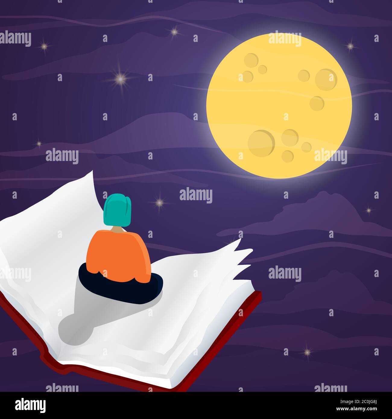Woman sitting on open book flying in night time dream landscape with moon and stars for reading imagination concept. Girl read study textbook or ficti Stock Vector