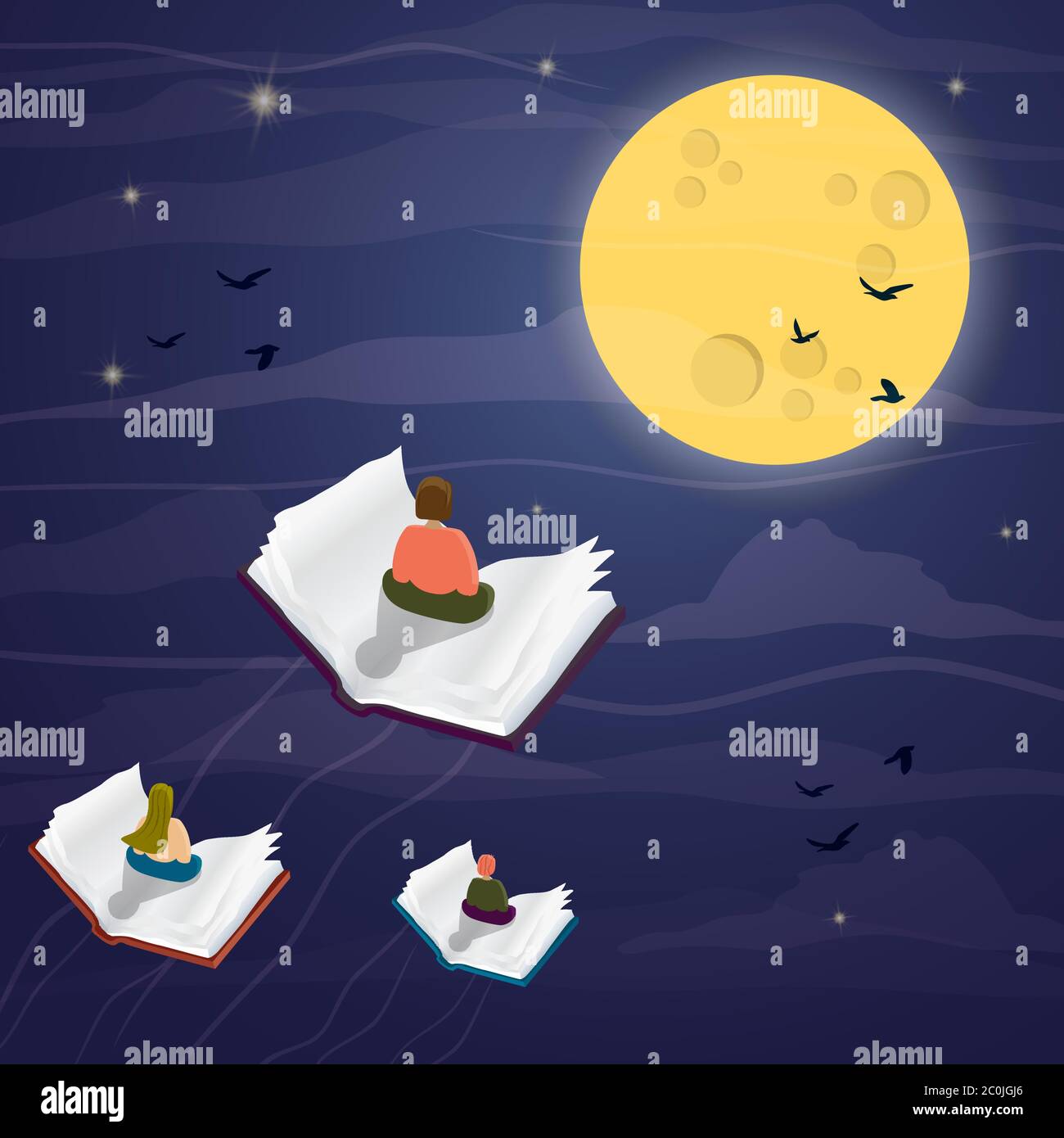 People sitting on open book flying in night time dream landscape with moon and birds for reading imagination concept. Creative study textbook or ficti Stock Vector