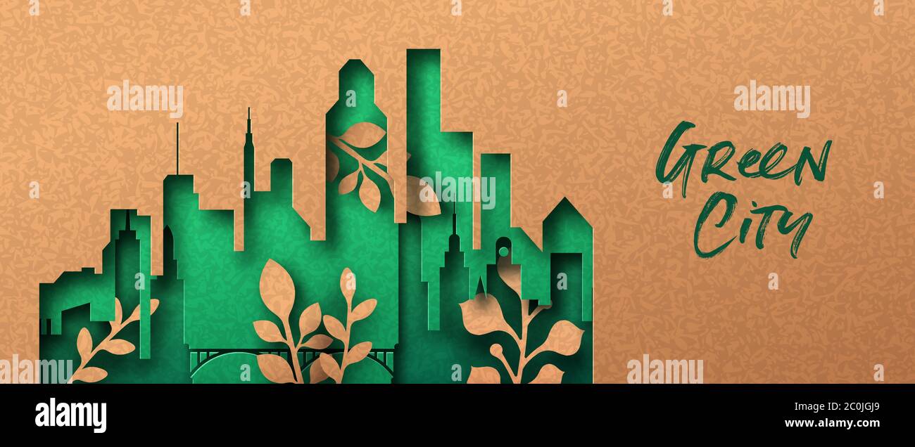 Green city papercut banner with tower building skyline and plant leaf growing inside. Eco-friendly urban lifestyle, 3d cutout illustration in recycled Stock Vector