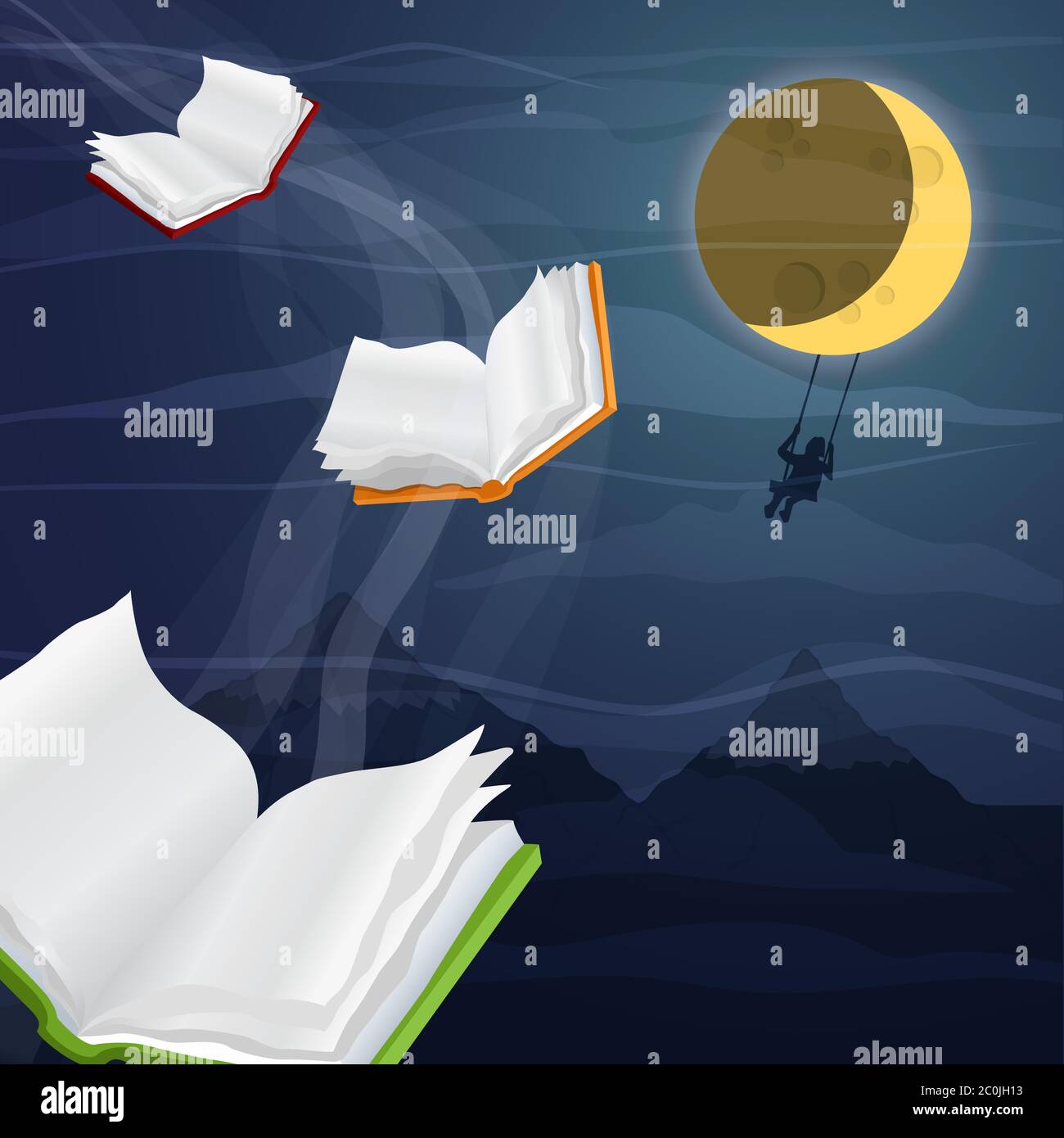 Open books flying in night sky with woman swinging under moon. Reading imagination or education knowledge concept. Stock Vector