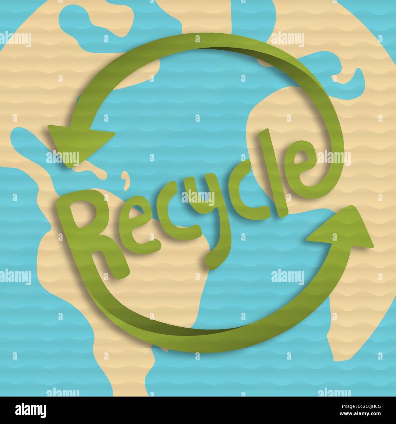 Recycle symbol illustration with green earth planet map in papercut cardboard texture. Environment help concept for recycling activity. Stock Vector