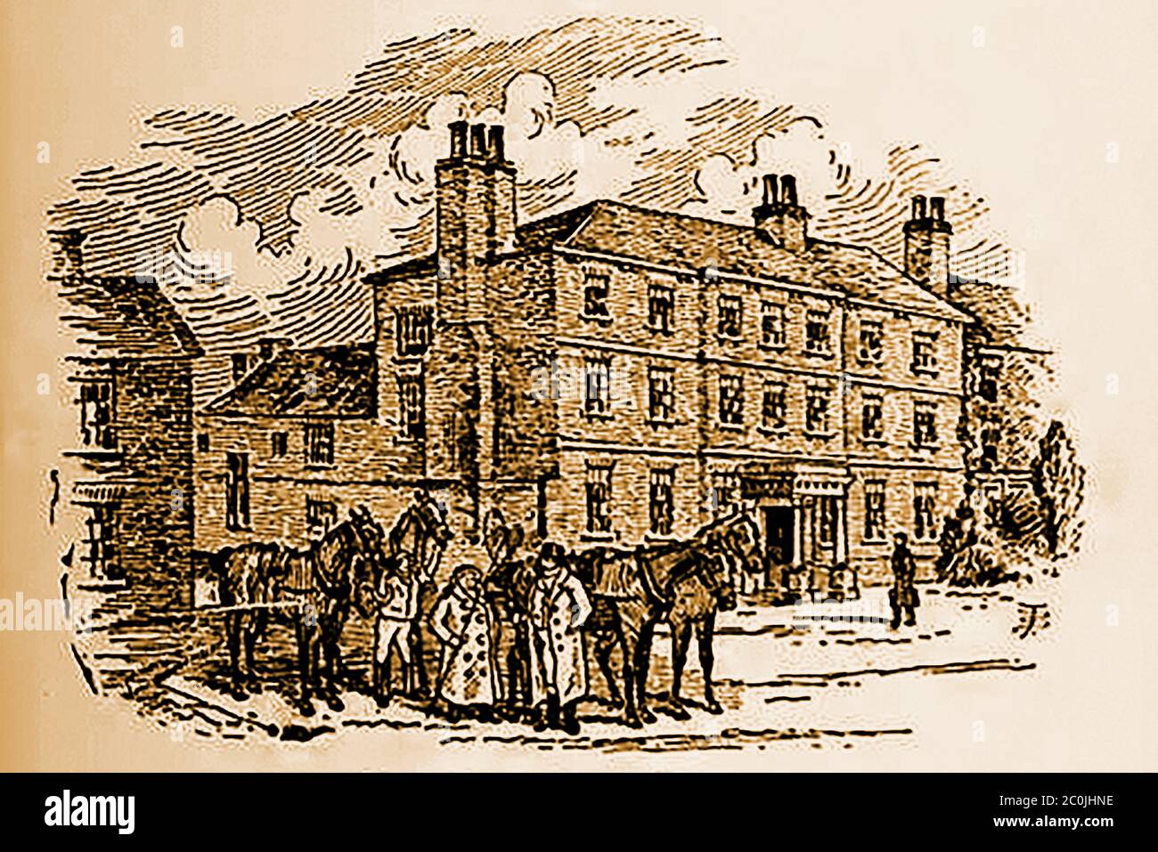 An old sketch of the Three tuns Inn, Thirsk, Yorkshire during the coaching era. Mrs. Alice Cass kept the Three Tuns for a number of years, at a time when it enjoyed the advantage of being the only coaching house in Thirsk, and when not only the London, Edinburgh, and Newcastle coaches were horsed there, but the Leeds, Darlington, and other coaches departed  from this inn. Stock Photo