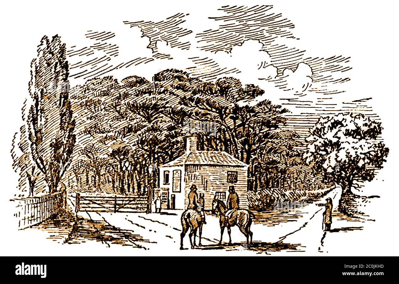 An old sketch of Barnsdale toll bar during the coaching era.the former Barnsdale toll gate or 'bar', which was situated at the junction between the Great North Road  (York to Edinbrough) and the Pontefract Road during the era of horse-drawn coaches, before the growth of the railways Stock Photo