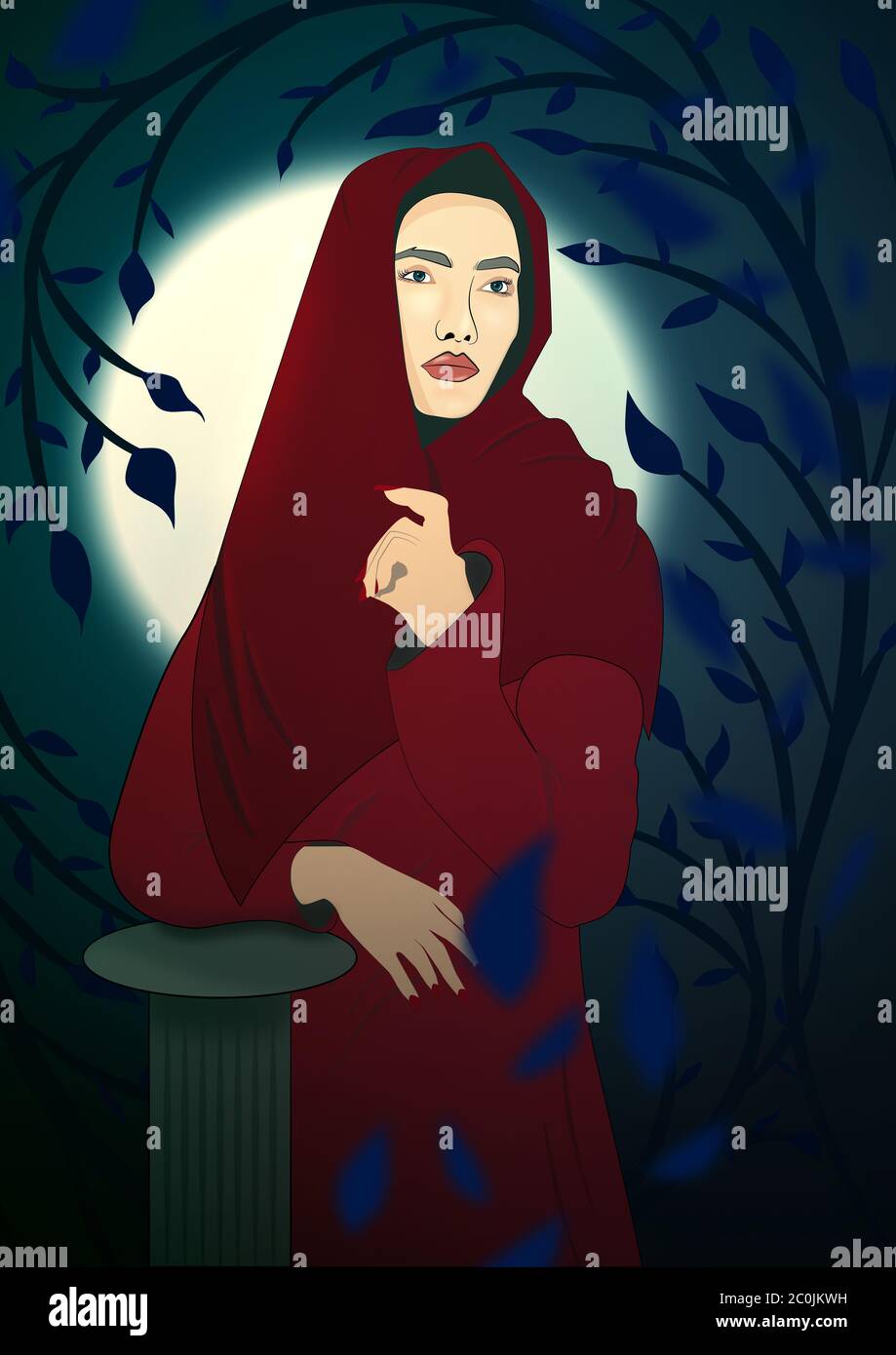 woman in a red hooded cloak at night Stock Photo