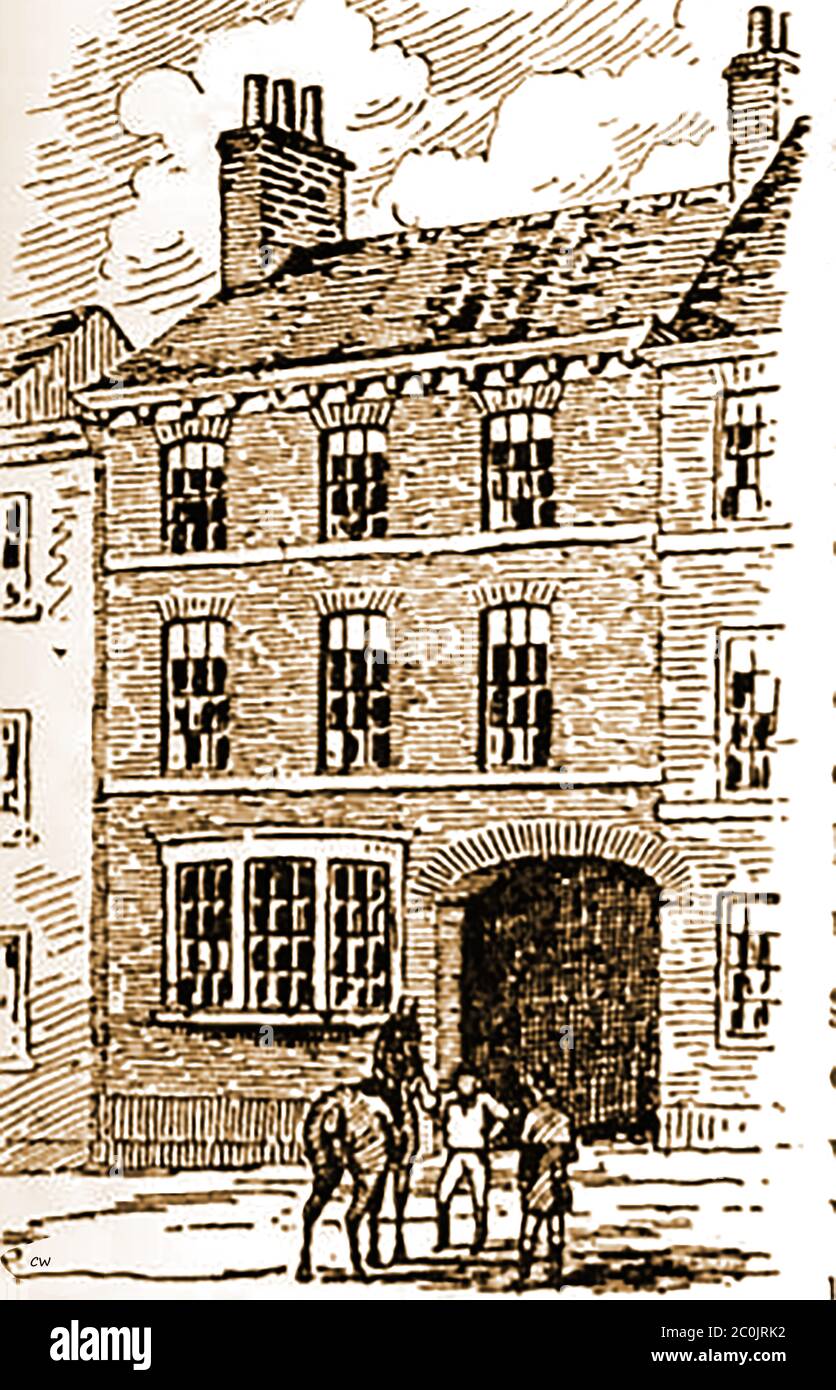 An old sketch of the Black Boy Inn, French gate, Doncaster, Yorkshire during the coaching era. The Black Boy  along with  the Reindeer, the Ram, the Red Lion, the New Angel,(later the Swan ) and the Salutation were the main coaching inns. Stock Photo