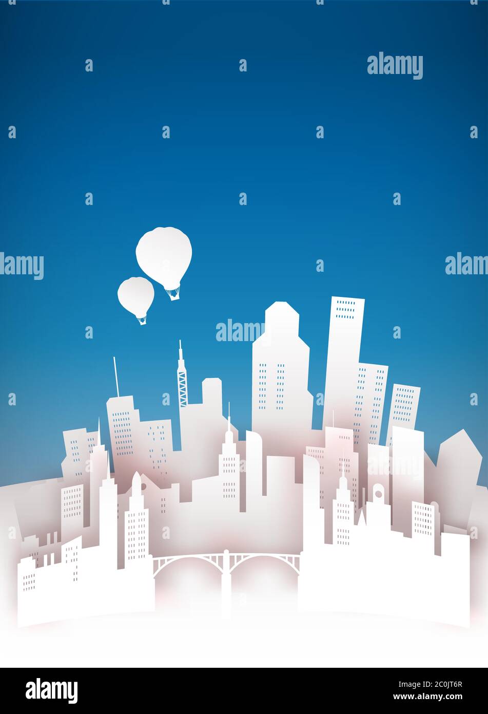 Papercut city landscape with hot air balloon flying on blue sky background. Paper  cut craft urban skyline illustration in 3d cutout style for travel o Stock  Vector Image & Art - Alamy