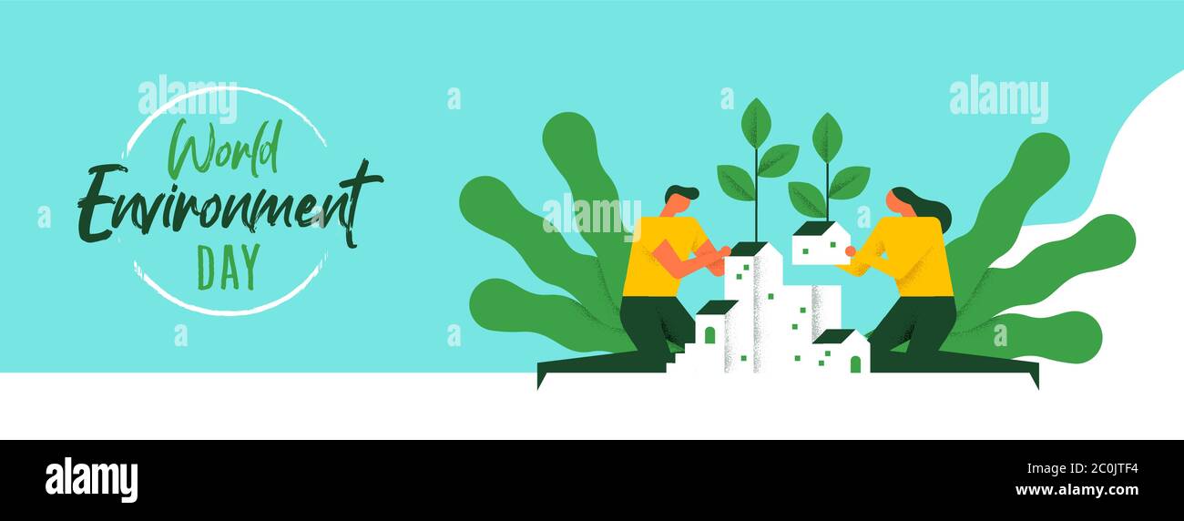 World Environment Day banner illustration of people building eco friendly community together. Green holiday event concept for earth help social campai Stock Vector