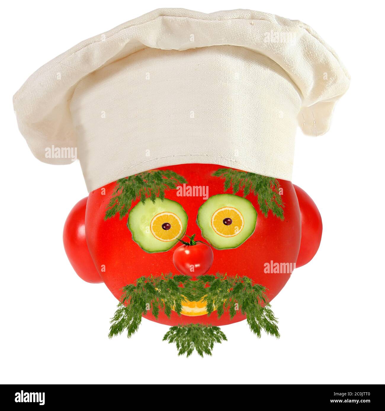 Creative food concept. Funny portrait of a cook, made of tomatoes, fruit and vegetable Stock Photo