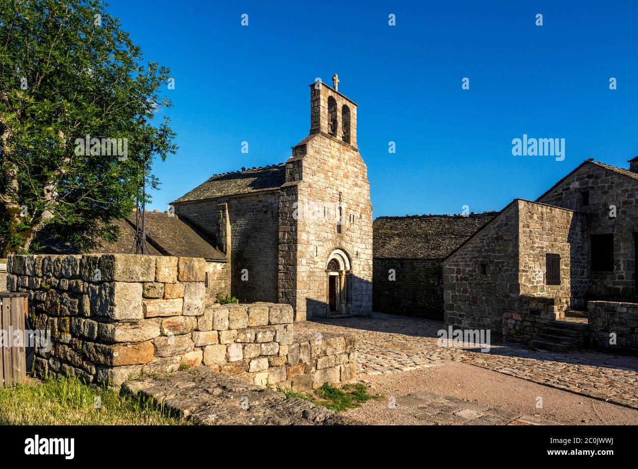 Church of la Garde Guerin. Lozere department. Labelled Les Plus Beaux Villages de France. The Most Beautiful Villages of France. Occitanie. France Stock Photo