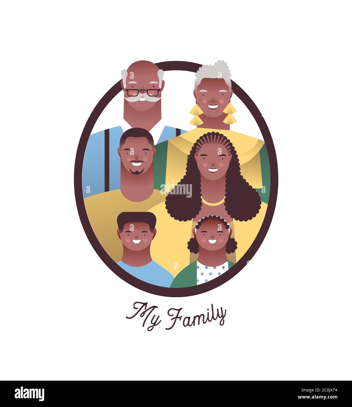 African american family photo frame with happy mom, dad, grandparent and children. Families ancestry study or history education concept on isolated wh Stock Vector