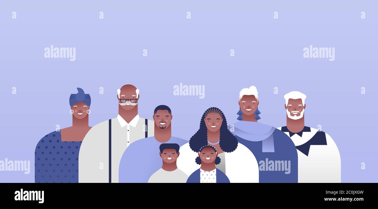 Big african american family people set with empty copy space background. Families ancestry or modern household concept. Includes mom, dad, grandparent Stock Vector