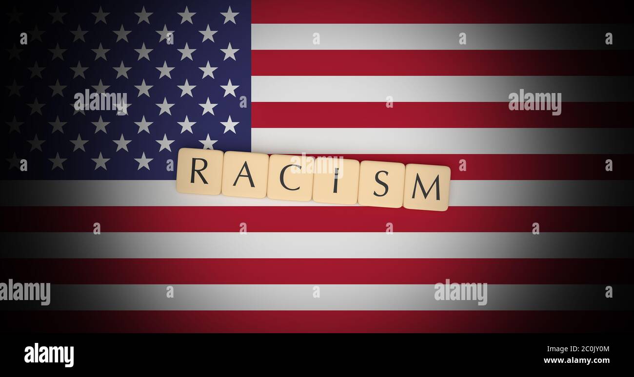 United States News Concept: Letter Tiles Racism On US Flag, 3d illustration Stock Photo