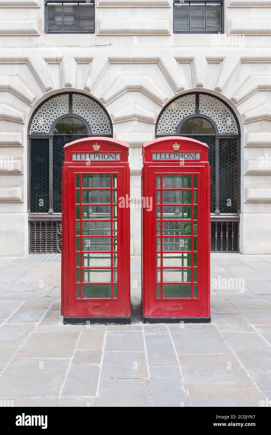 Red telephone boxes, London, England Stock Photo
