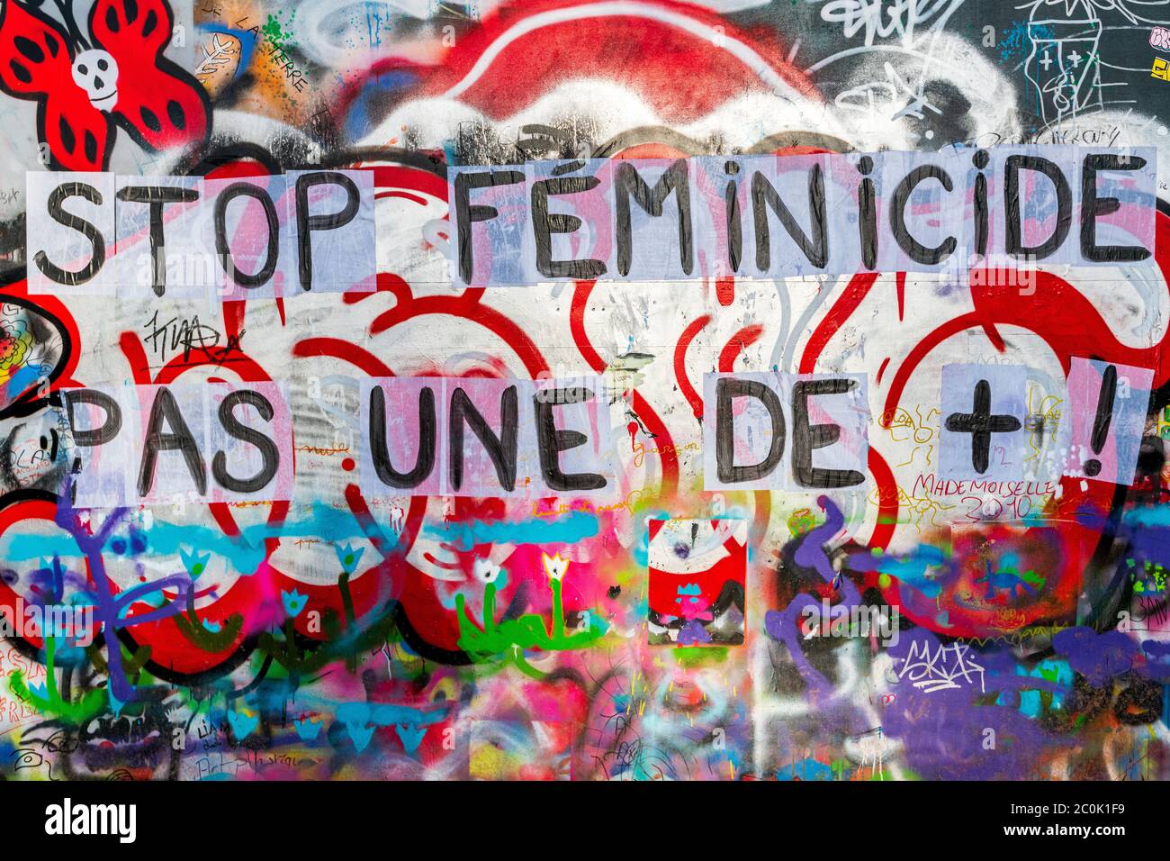 Calais, France - December 2019 : Protest poster against domestic violence and femicide stuck on a wall in Calais, France Stock Photo