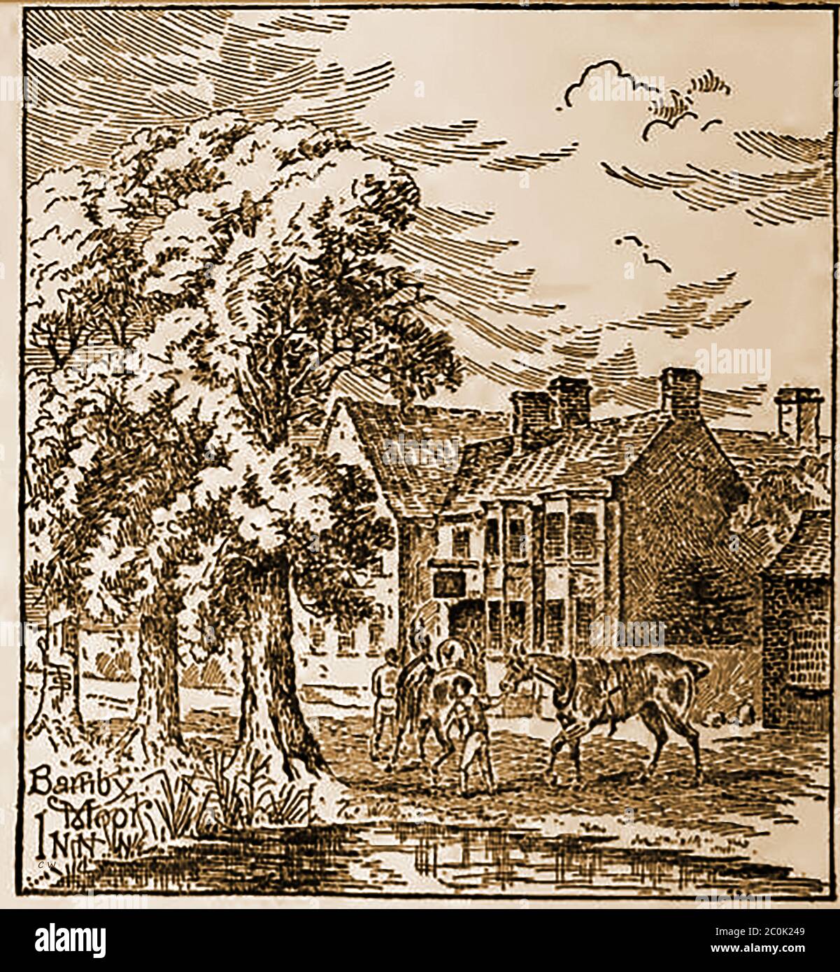 An old sketch of the  former Bell Inn (George Clarke/ Clark, owner), Barnby Moor during the coaching era. It was later lived in by Henry Beevor another coachman. Two elm trees of those shown in the picture were blown down in a hurricane, others were pulled down because they were dangerous. The pond in the foreground was later filled in and turned into a flower bed ad the stables were converted into cottages. Clarke also housed the horses for the nearby White Horse Inn and was an ex farmer who bred blood stock which he sold to the gentry. Stock Photo