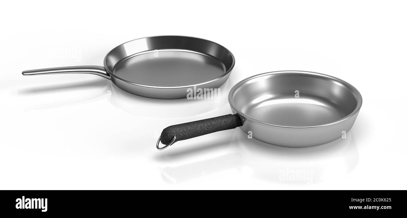 A set of two steel pans, one with a plastic handle and a metal ring