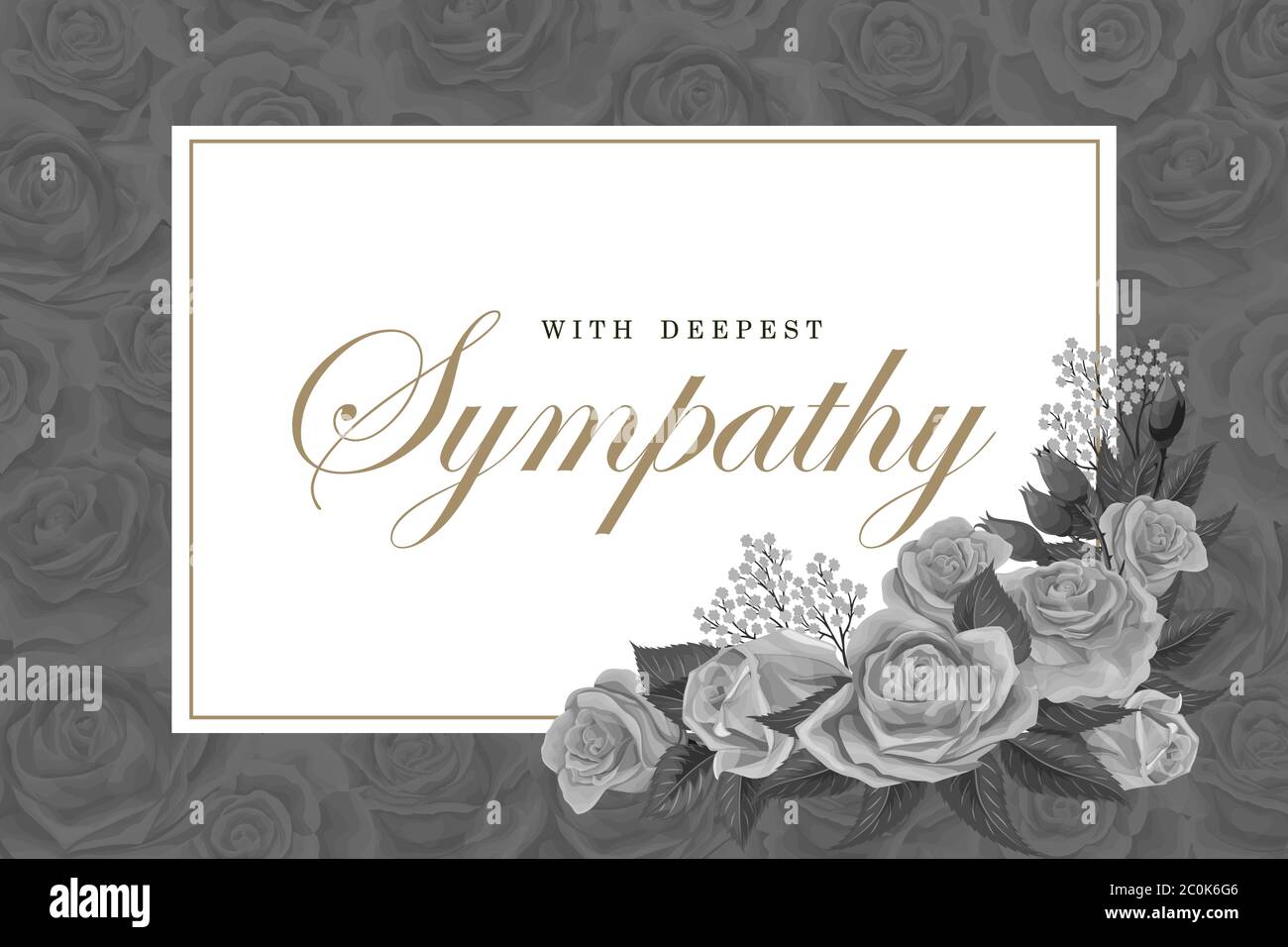 Grayscale rose bouquets with white frame and text on a dark background ...