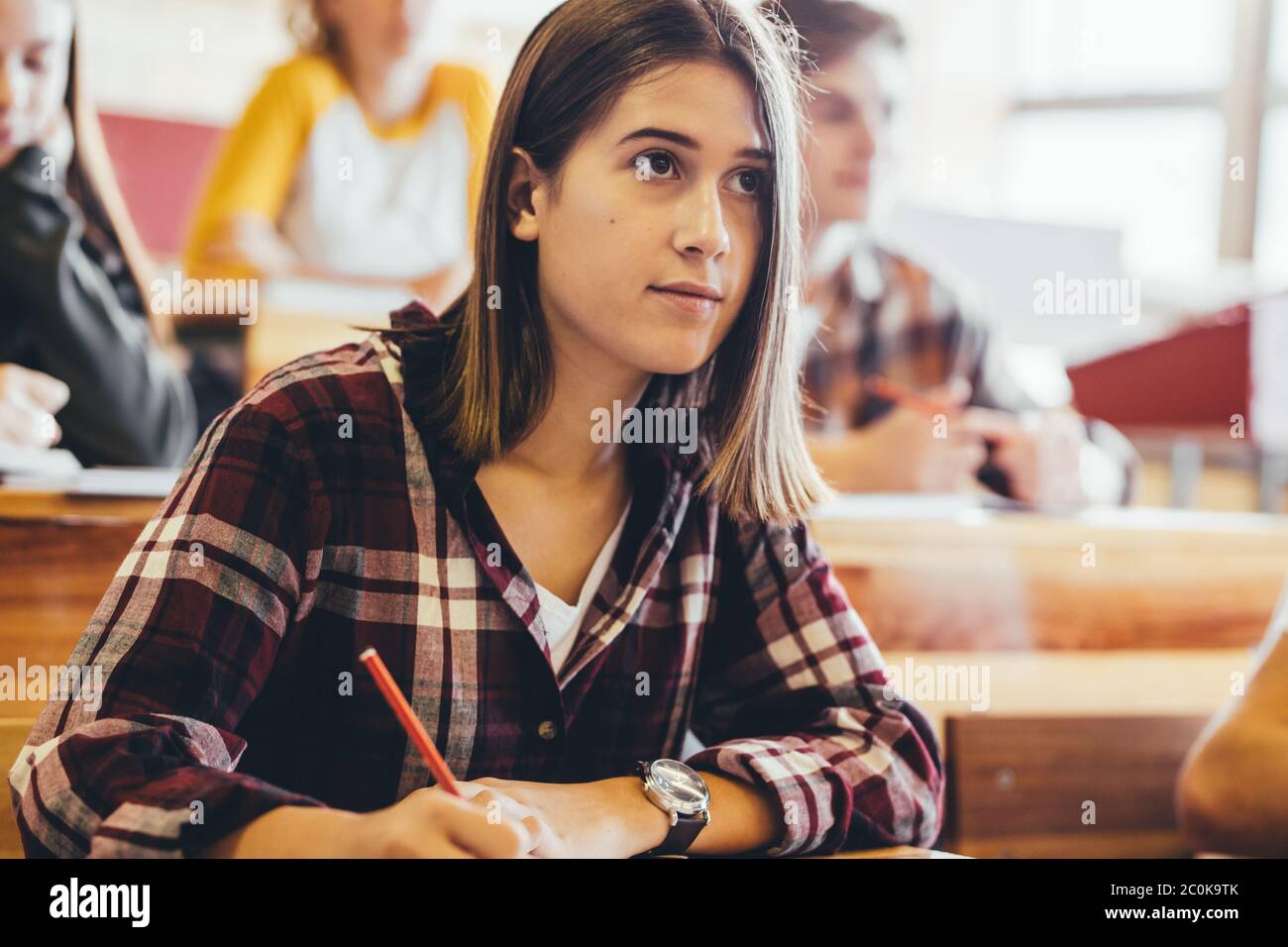 Beautiful teenage girl during a lecture in classroom. Female student paying attention in class and making notes. Stock Photo