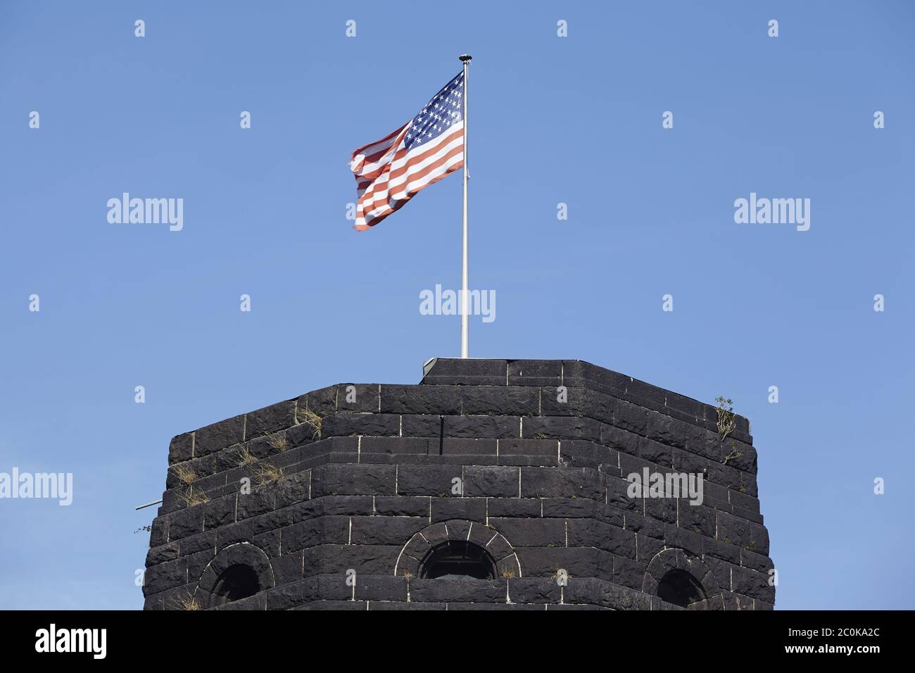 Remagen (Germany) - Bridge of Remagen with flag of the allies Stock Photo