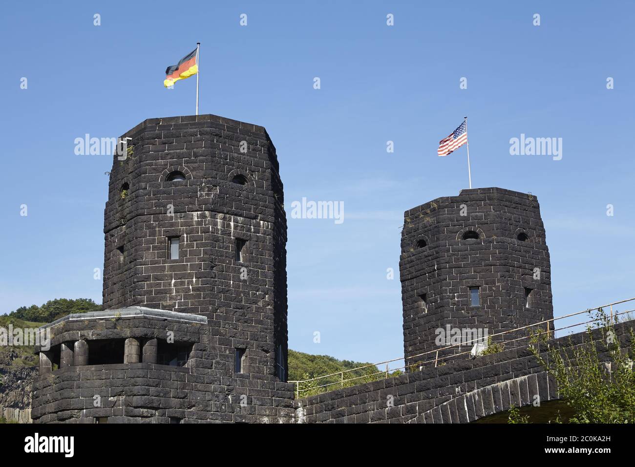 Remagen (Germany) - Bridge of Remagen with flags Stock Photo