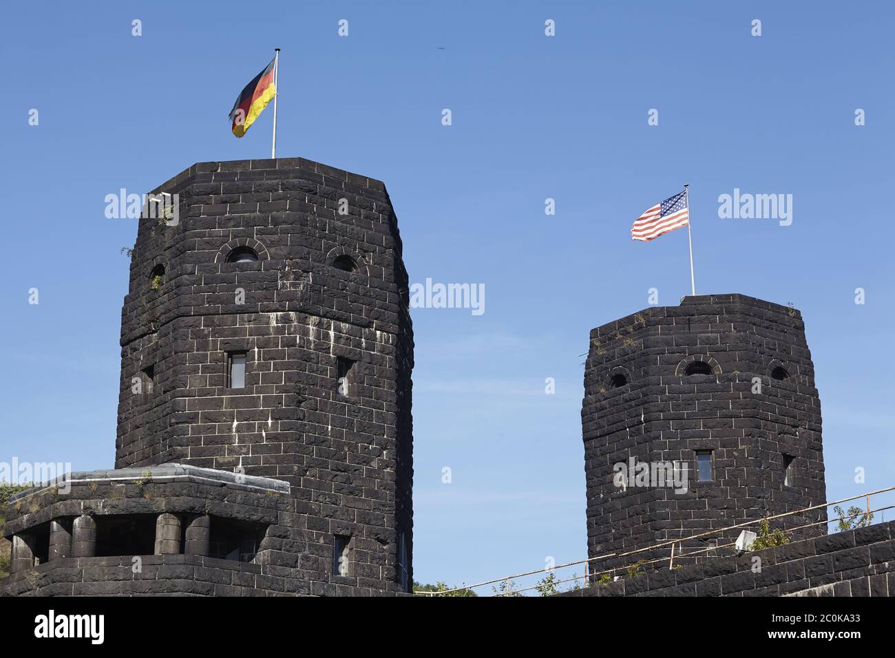 Remagen (Germany) - Bridge of Remagen with flags Stock Photo