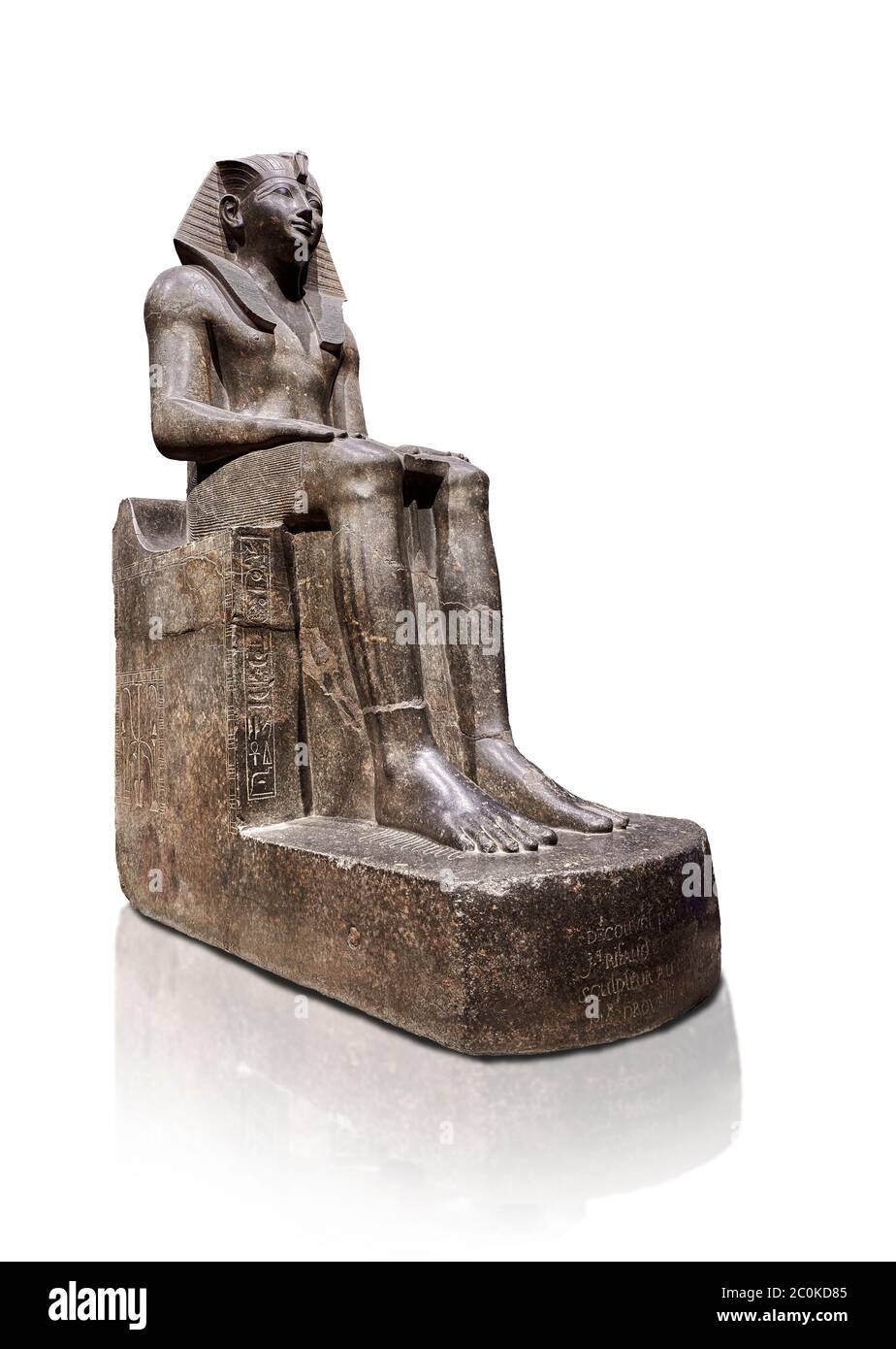 Ancient Egyptian statue of Tuthmosis II, granodorite, New Kingdom, 18th Dynasty, (1479-1425 BC), Karnak, Temple of Amun. Egyptian Museum, Turin. white Stock Photo