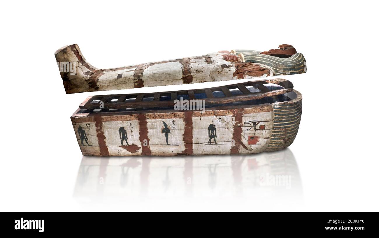 Ancient Egyptian wooden sarcophagus - the coffin of Puia circa 1800BC - Thebes Necropolis. Egyptian Museum, Turin. white background  From about 100BC Stock Photo