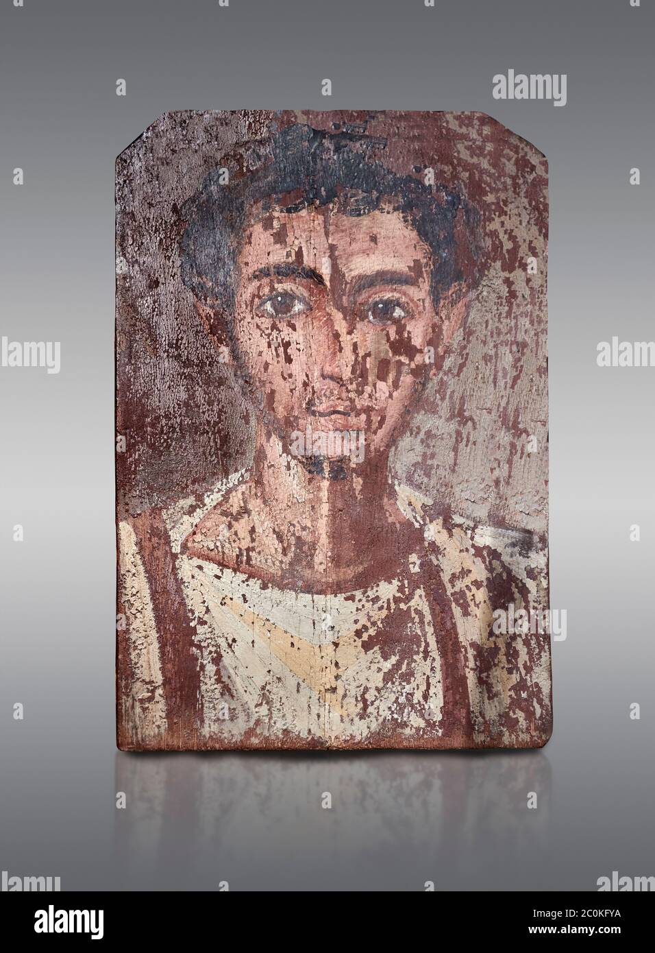 Egyptian Roman mummy portrait or Fayum mummy portrait painted panel of a man, Roman Period, 1st to 3rd cent AD, Egypt. Egyptian Museum, Turin. Grey ba Stock Photo