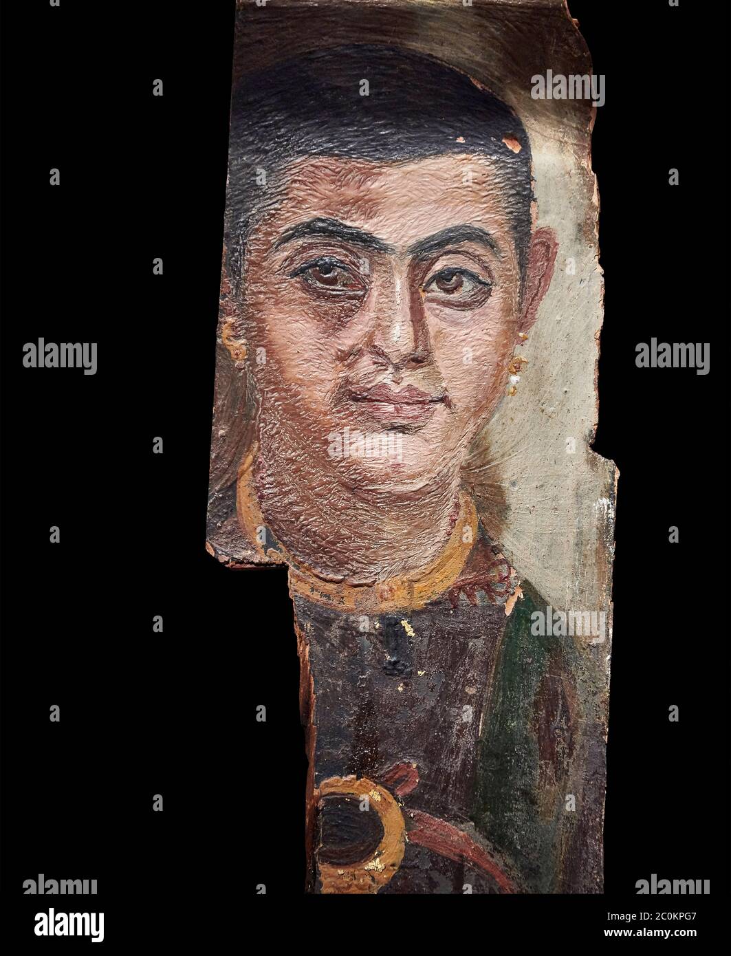 Egyptian Roman mummy portrait or Fayum mummy portrait painted panel of a man, Roman Period, 1st to 3rd cent AD, Egypt. Egyptian Museum, Turin. Black b Stock Photo