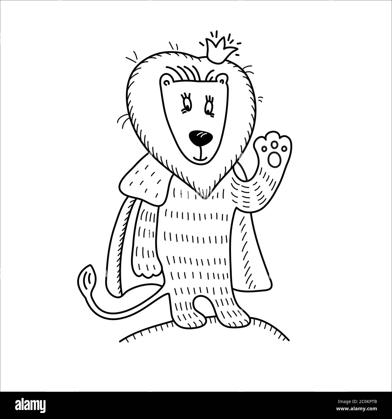 The little lion king in the crown and fur cape. Cute animal waving paw. Hand-drawn russian lubok. Fairytale doodle. Colouring book for kids Stock Vector