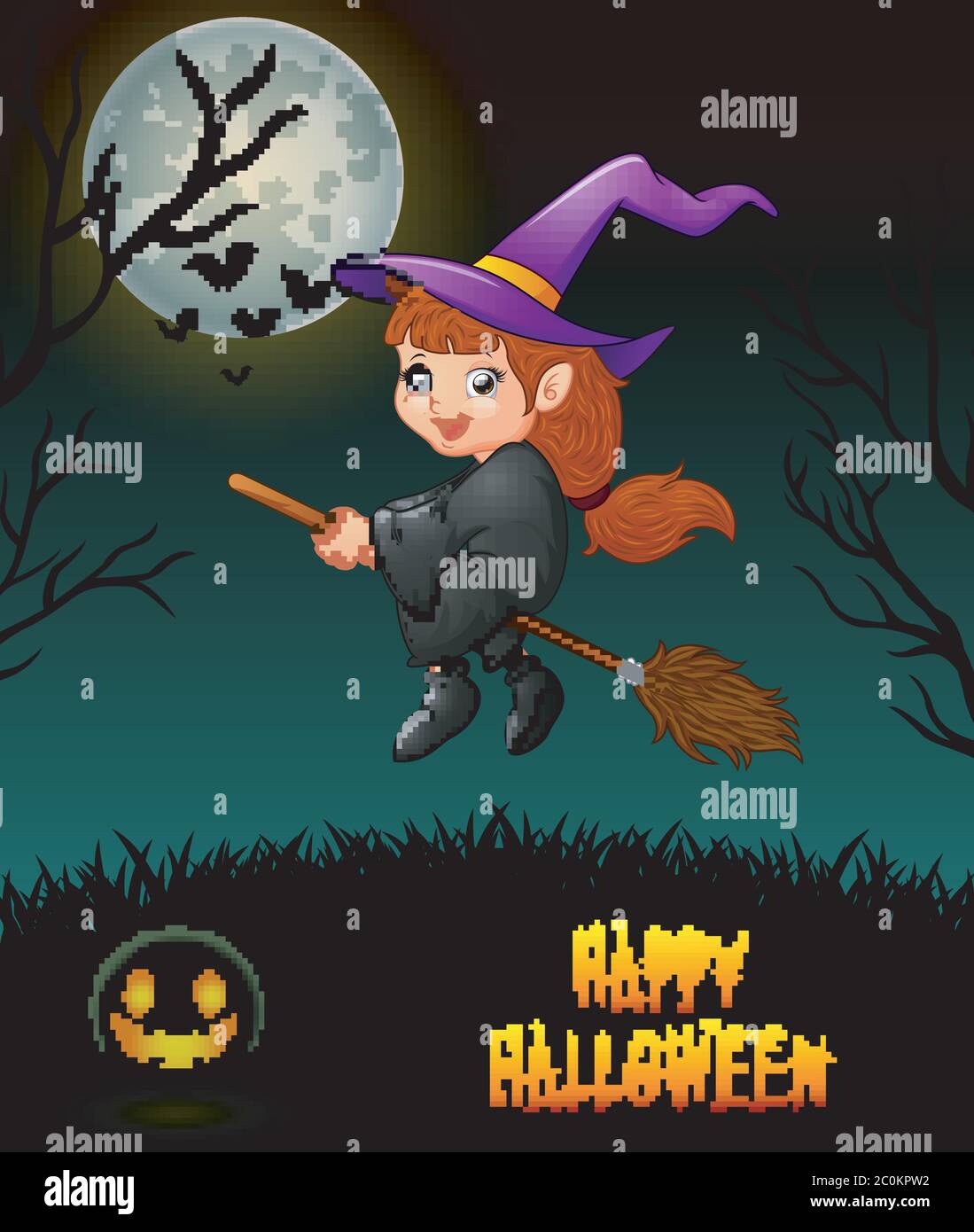 Cute little witch flying riding on broom in night background Stock ...