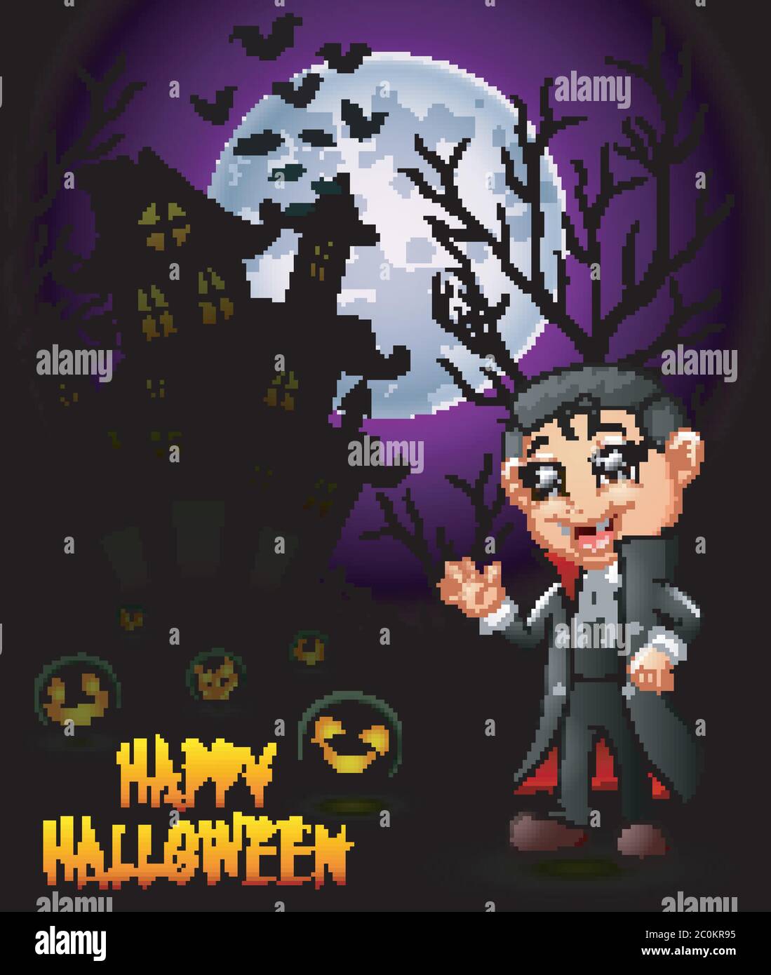 A little boy in a Dracula costume with pumpkin and haunted house Stock ...