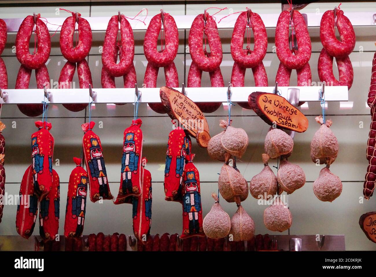 Sausage display in the butcher's shop Stock Photo Alamy