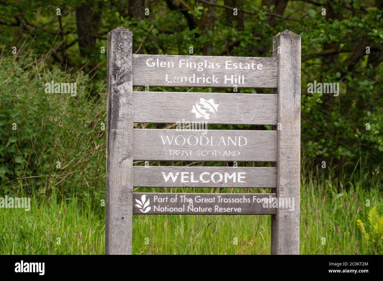 Woodland Trust Scotland sign - Lendrick Hill, Glen Finglas Estate, Part of The Great Trossachs Forest National Nature Reserve, Scotland, UK Stock Photo