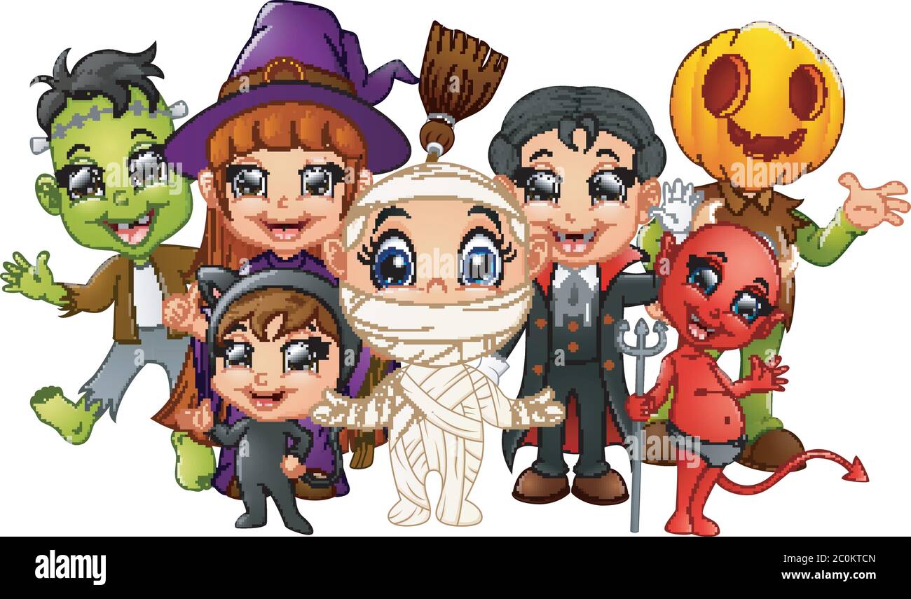 Halloween kids costumes. witch, Frankenstein, Dracula, cat costume, Red Devil, mummy, Pumpkin Head Stock Vector