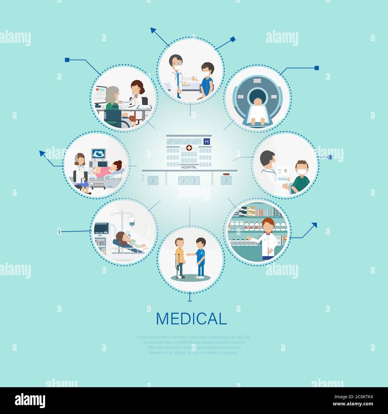Medical concept with doctors and patients flat design vector illustration Stock Vector