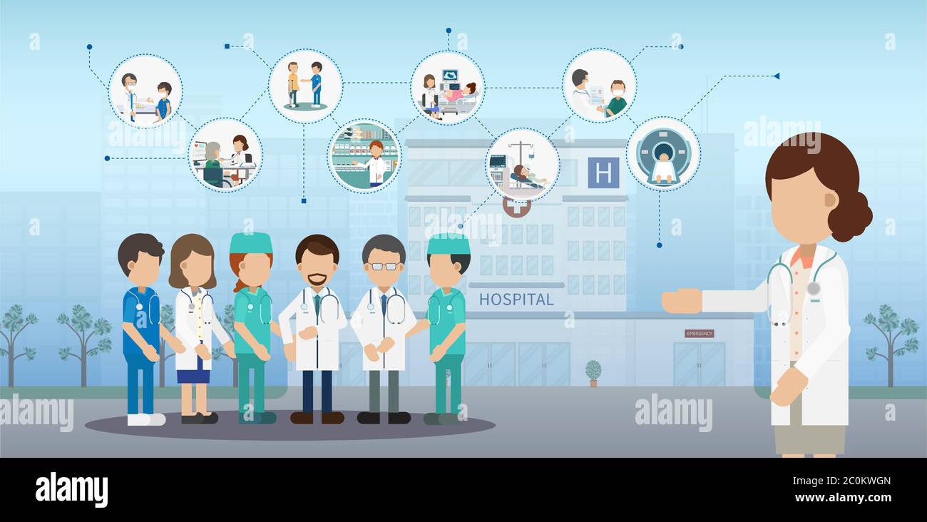 Medical service concept with doctor and patients flat design vector illustration Stock Vector
