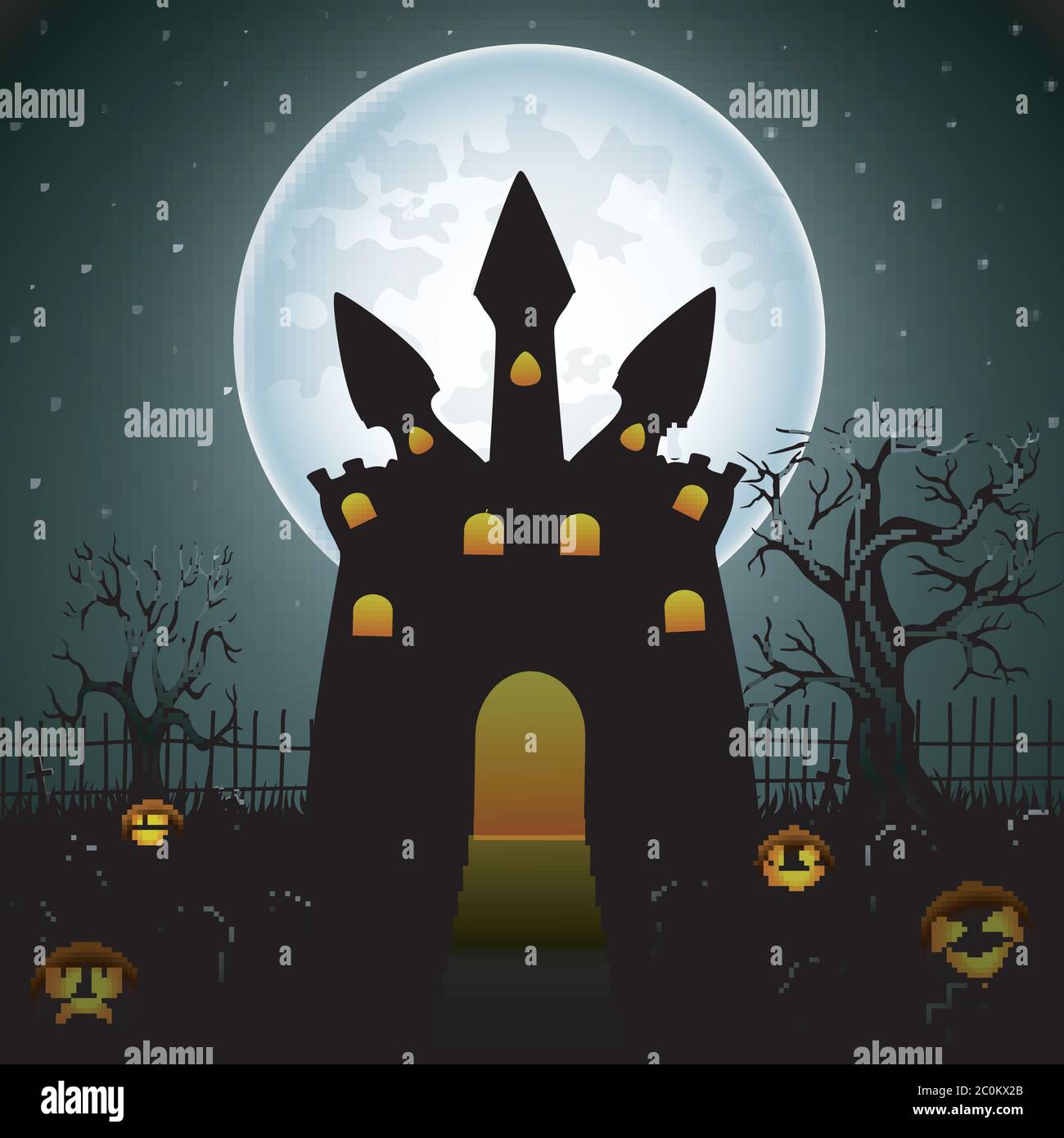 Creepy dark castle with pumpkins in graveyard on the full moon Stock ...