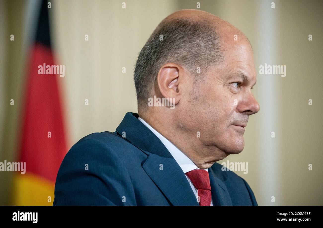 Berlin, Germany. 12th June, 2020. Olaf Scholz (SPD), Federal Minister of Finance, is sitting at a press conference on the economic stimulus package in the context of the Corona aid. Credit: Michael Kappeler/dpa/Alamy Live News Stock Photo
