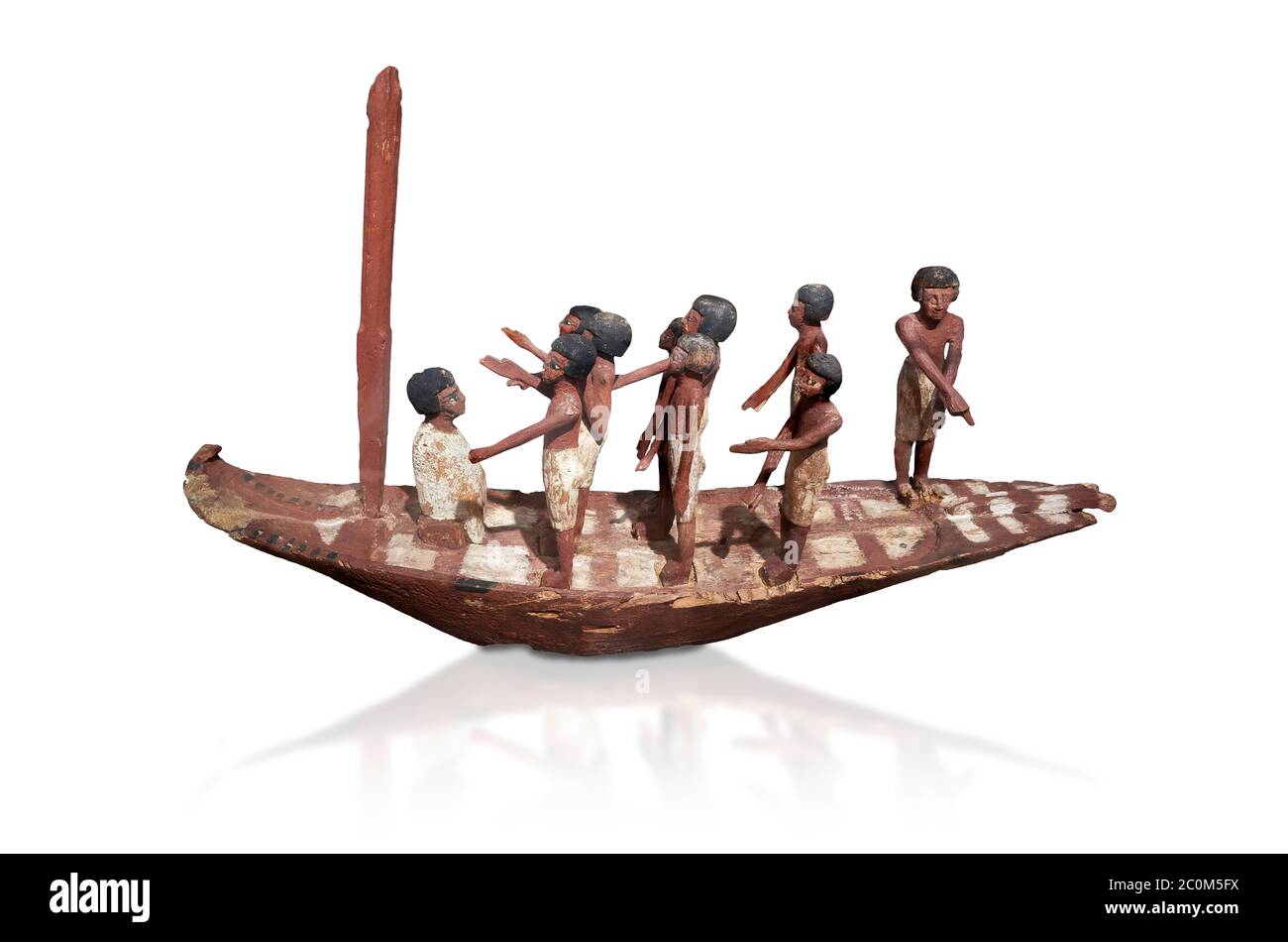 Ancient Egyptian model of a boat with mast, Middle Kingdom (1980-1700 BC. Egyptian Museum, Turin. white background.  Wooden tomb models were an Egypti Stock Photo